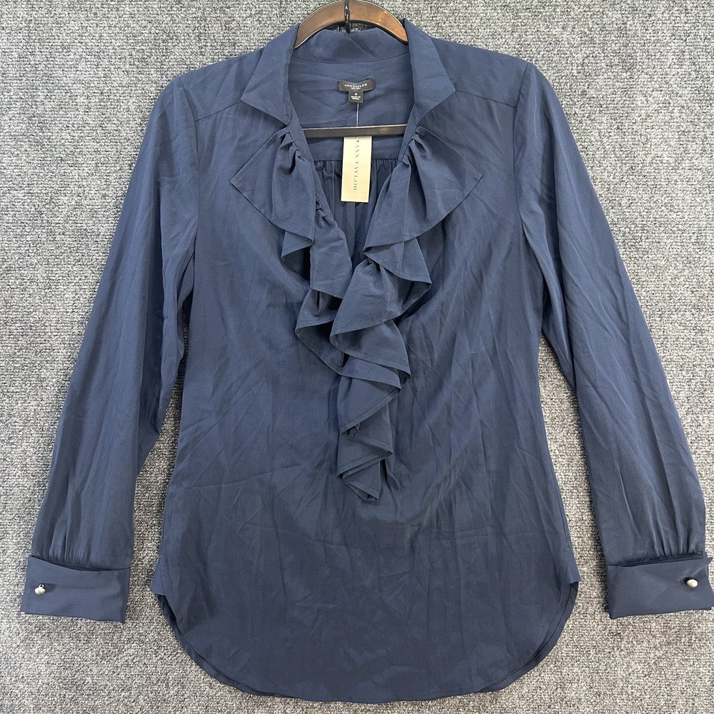 NWT Ann Taylor Womens 100% Silk Navy Ruffle Front Blouse Sz S Long Sleeve Luxury